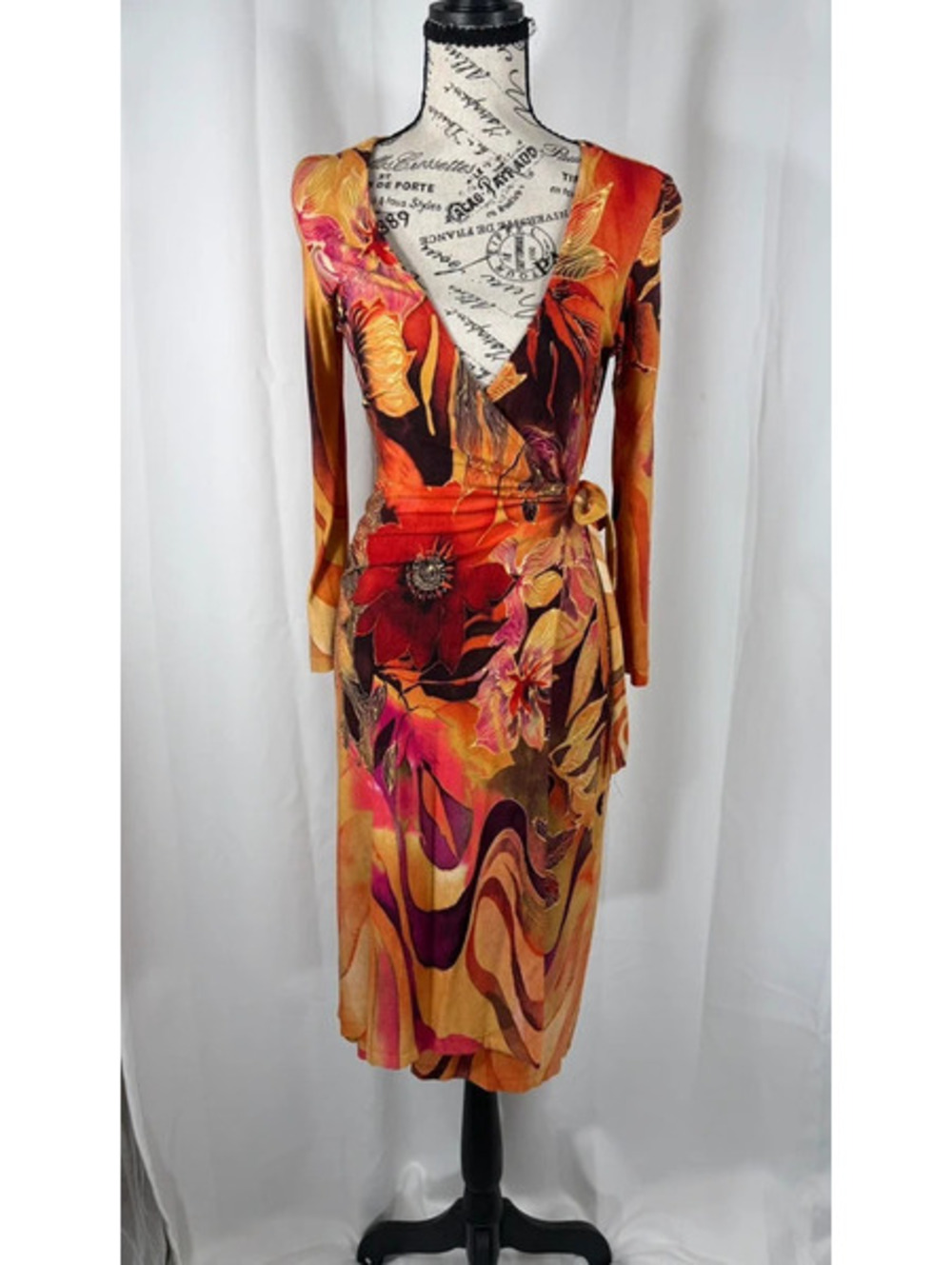 Cache Faux Wrap Dress Size 2 Autumn Floral Print Long Sleeve Midi Bodycon